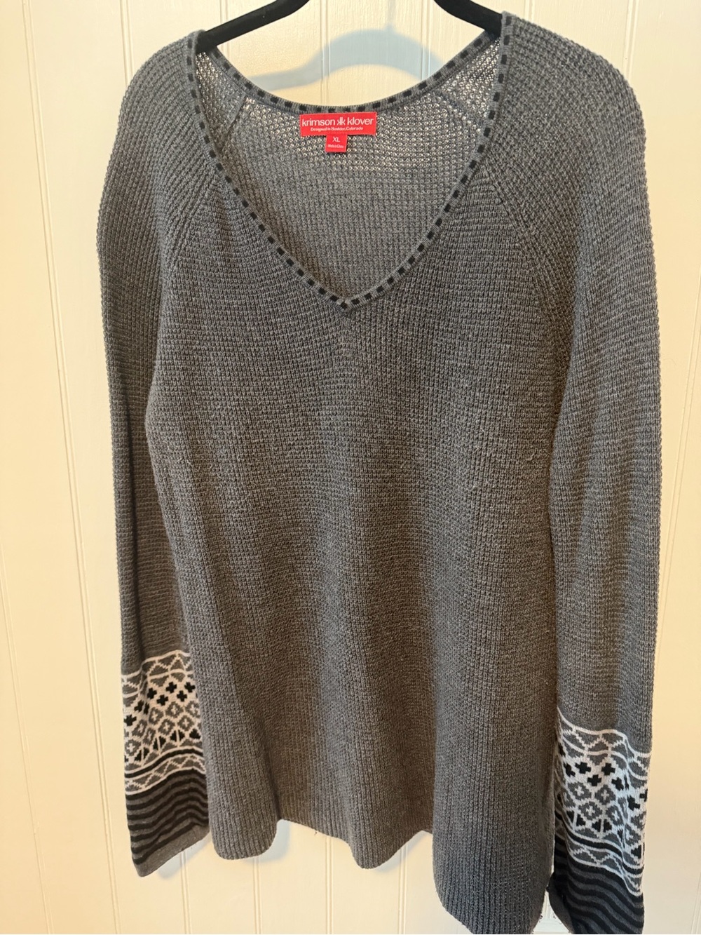 Krimson Klover Gray V-Neck Sweater with Patterned Cuffs
